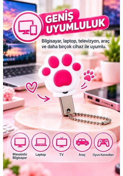 Usb Flash Bellek 32gb Kedi Patisi Görünümlü Anahtarlıklı Usb Drive Usb01 Beyaz