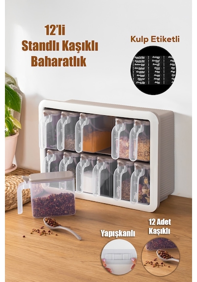 Porsima Simple 1167 Random 12'li Standlı Kendinden Yapışkanlı Kaşıklı Kapaklı Baharatlık Saklama Kabı Seti - Cappuccino Beyaz Cappuccino - Beyaz