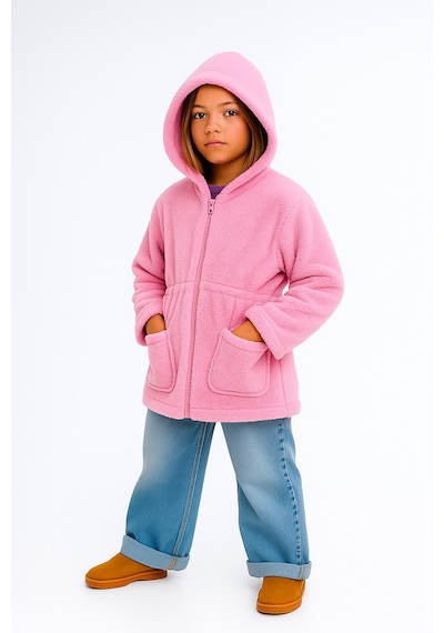 Esila Kids Kız Çocuk Ceket Peluş Kapüşonlu Uzun Kollu Kışlık Ceket 4-9 Yaş Fuşya