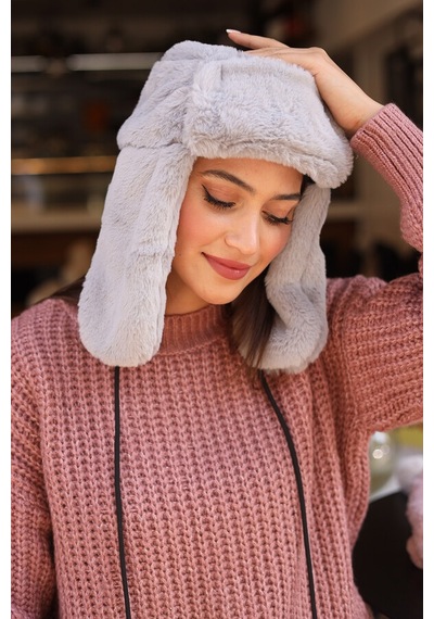 Kadın Kürklü Kulaklıklı Peluş Şapka Rkş-04 Gri Gri