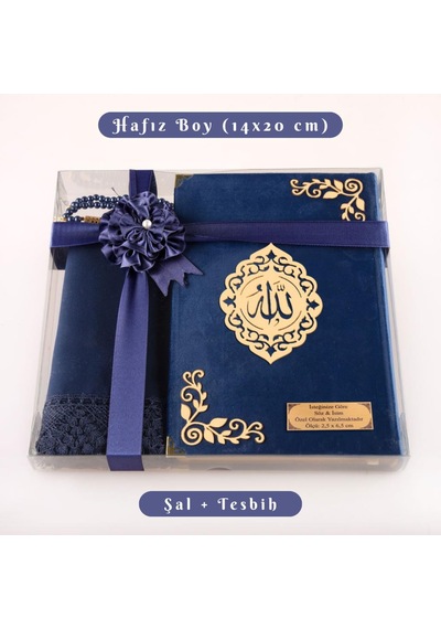 Şal + Tesbih + Kuran Hediye Seti Hafız Boy, Kadife, Şems Lafzatullah, Lacivert