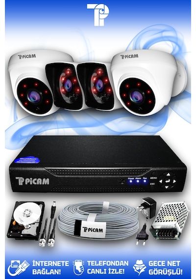 Picam 4 Kameralı Kare 2 İç Kamera Set 250 GB HDD Full HD Gece Görüşlü Güvenlik Kamerası Sistemi