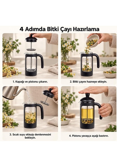 Borosilikat Cam French Press 350 Ml, Siyah Çerçeveli Kavisli Saplı Pistonlu Demlik, Kahve Ve Bitki Çayı Demleme Apa Diğer