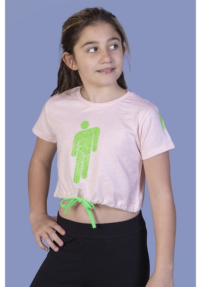 Toontoy Kids Toontoy Kız Çocuk Crop Model Baskılı Taş İşlemeli Tişört Pudra
