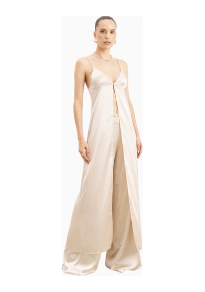 Because Of Alice Satin V Neck Longline Camisole Parlak V Yaka Saten Kadın Bluz Beyaz