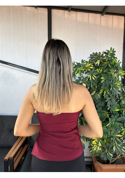Yanı Yırtmaç Detaylı Straplez Bluz Bordo