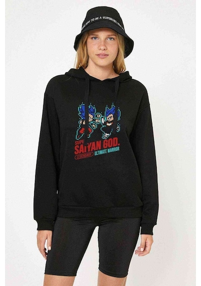 Anime Dragon Ball Baskılı Siyah Kadın Kapşonlu Sweashirt (528753524)