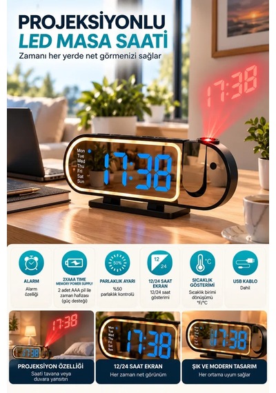 Şık Tasarımlı Led Masa Saati Dijital Ekran Alarm 12 24 Saat Ve Sıcaklık Göstergeli Diğer