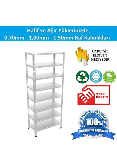 Raf Burada  8 Katlı Galvaniz Çelik Raf - Depo, Arşiv, Kiler, Dosya, Market Rafı-43x60x200 cm- 0.70 mm