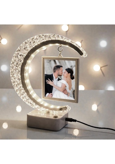 Kristal Led'li Hilal Fotoğraf Çerçevesi Dokunmatik Işıklı 2 Fotoğraflı Kişiye Özel Hediye Beyaz