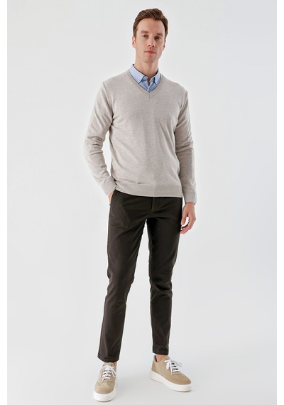 Morven Erkek Bej Basic V Yaka Dynamic Fit Rahat Kesim Triko 25kc017004653 Bej