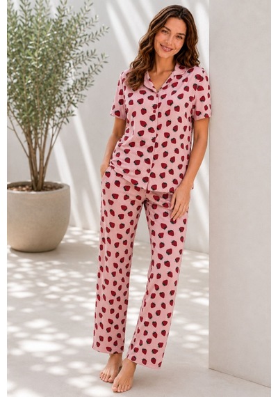 Nisanca Kısa Kol Gömlek Yaka Ultra Soft Kadın Pijama Takımı - Bordo