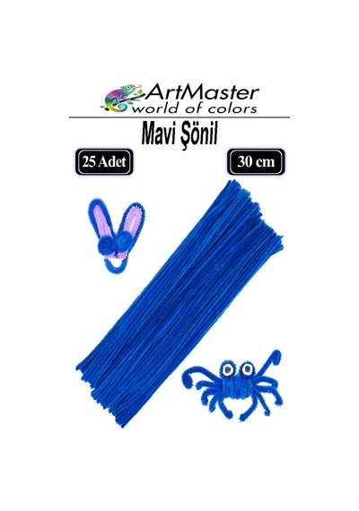 Şönil Mavi 30 Cm 25 Li 1 Paket Renkli Tüylü Tel Şönil Pipo Temizleyici Okul Öncesi Anasınıfı Kreş Hobi Eğitici