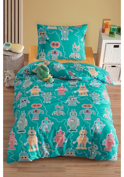 Eponj Home Tek Kişilik Pamuklu Nevresim Takımı 3 Parça Roboti Desen Yeşil / Yumuşak Dokulu Yeşil