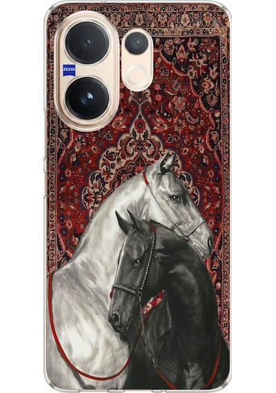 Vivo V60 Uyumlu Geleneksel Halı Motifli Siyah Beyaz At Baskılı Silikon Kılıf Renkli
