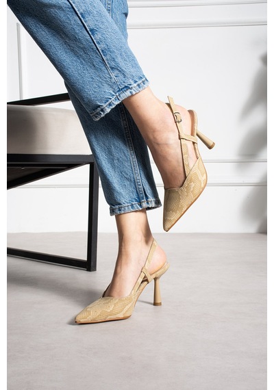 Dabab Shoes Snape Kadın Bej Yılan Desenli Sivri Burun 7 Cm Topuklu Slingback Ayakkabı