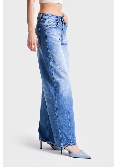 Itsbasic Kadın Mavi Kot Rengi 10s5-4 Kemer Tokalı Barrel Fit %100 Koton Denim Jean