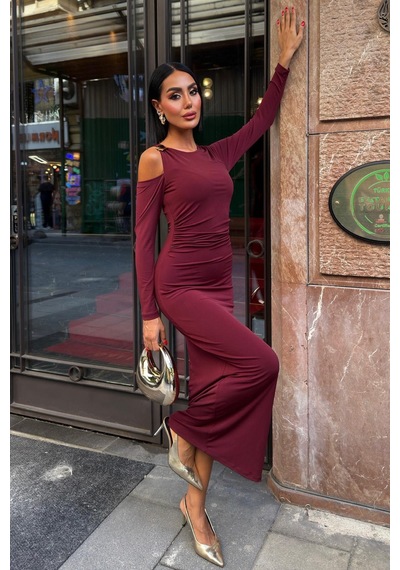 Lijuri Omuz Aksesuarlı Ve Dekolteli Drape Elbise 2912 R5-e-k3 Mürdüm Lijuri Omuz Aksesuarlı Ve Dekolteli Drape Elbise 2912 R5-e-k3 Mürdüm