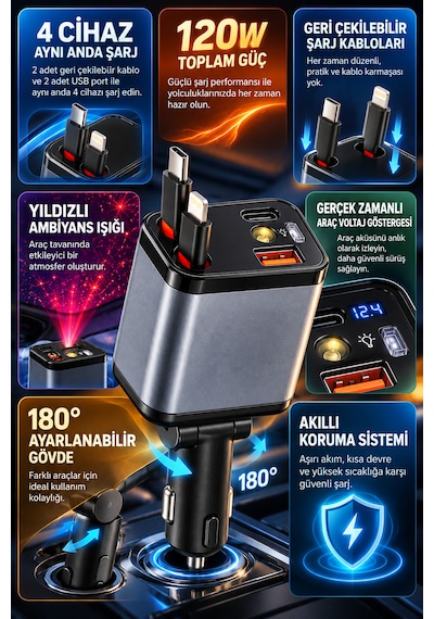 120w Araç Şarj Cihazı 4 Çıkışlı 100w Type-c Hızlı Şarj Geri Çekilebilir Kablolu Yıldız Tavan Işıklı Dex-51