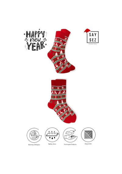 Saysez Bambu Renkli Desenli Yılbaşı Çorabı Unisex Hediyelik Çorap Renkli