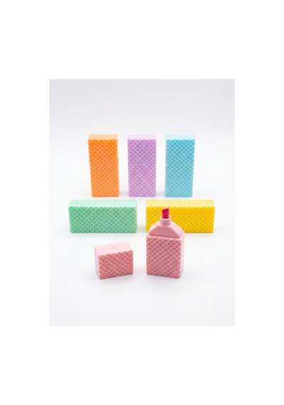 Gofret Tasarımlı 6'lı Pastel Fosforlu Kalem Seti - Şeffaf Çantalı Sevimli Kawaii İşaretleme Kalemi Pembe