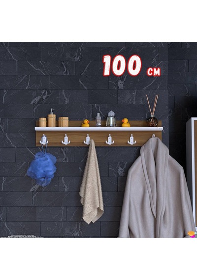 Modilayn Kedi Serisi 6 Lı Banyo Askısı Seti 96,4x18cm 18 Kancalı Raflı Düzenleyici Yer Tasarrufu. Beyaz - Ceviz