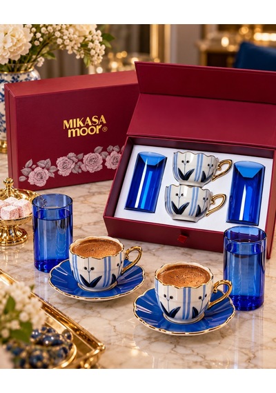 Mavi Çiçek Desenli Özel Hediye Kutulu 2li Kahve Fincanı Ve Su Bar Çok  Renkli