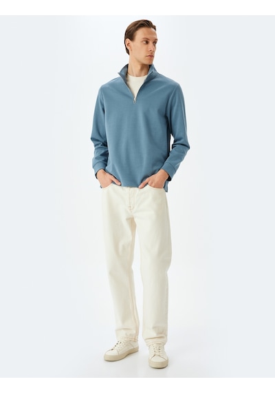 Koton Uzun Kollu Pamuklu İnterlok Kumaş Yarım Fermuarlı Sweatshirt Mavi 5sam70002mk Mavi