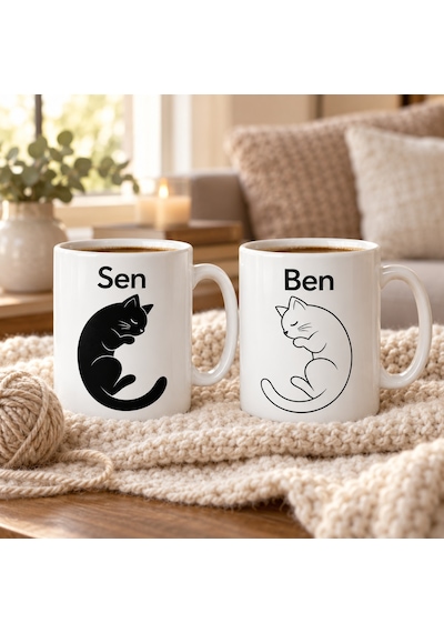 Storeşahin Kara Kedi Ve Ak Kedi 2'li Porselen Kupa Seti - Model 407 Shn0720 Diğer