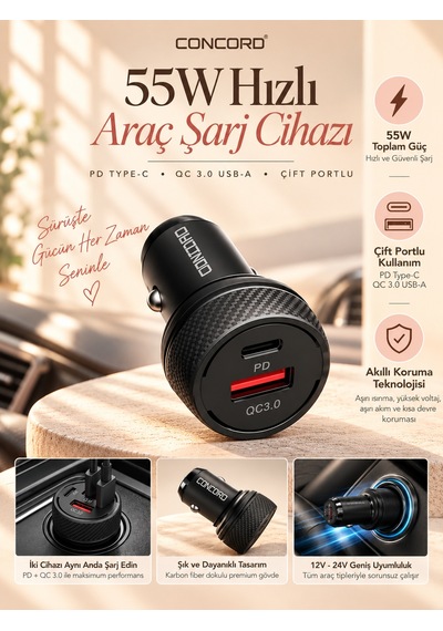 Concord 55w Hızlı Araç Şarj Cihazı Type-c Pd & Qc 3.0 Çift Çıkışlı Çakmaklık Adaptörü Siyah