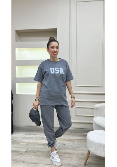 Usa T-shirt Eşofman Altı Jogger- Beyaz Baskılı Füme Eşofman Takım Oversize Bisiklet Yaka Füme-279498