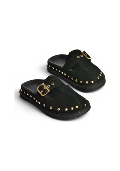 Fox Shoes Y918143802 Siyah Süet Önü Kapalı Zımba Detaylı Sabo Terlik
