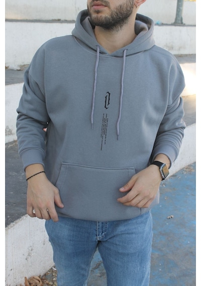 Altamira Unisex Göğüs Dikey Baskılı Kapşonlu Oversize Sweatshirt 001