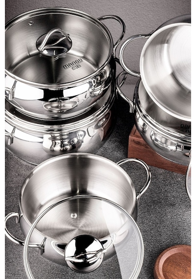 Mango Kitchen Dara Steel - 10 Parça Çelik Tencere Seti Paslanmaz Çelik Master Steel 18/10 Çelik Inox