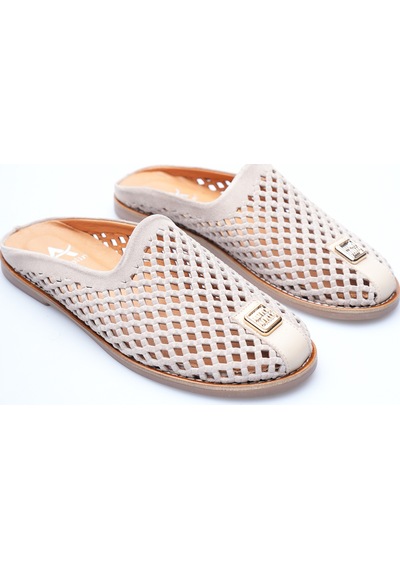 Analin Shoes Kadın Hakiki Deri Delikli Günlük Rahat Terlik Vizon