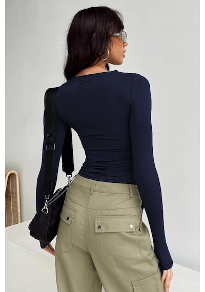 Madmext Lacivert Bisiklet Yaka Basic Uzun Kollu Body Mg1701-lacivert Lacivert