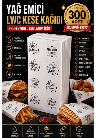 300 Adet Baskılı Servis Kesesi 15x20x8 Cm - Tost Poğaça Simit Sandviç Sunum Kağıdı - Fast Food Paket Servis Kılıfı