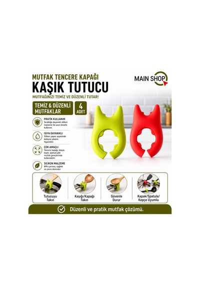Mainshop 4 Adet Isıya Dayanıklı Tencere Kapağı Ve Kaşık Tutucu - Pratik Mutfak Seti M-50 Çok Renkli