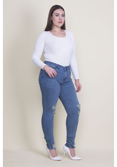 Şans Kadın Mavi Yırtık Detaylı Likralı Kot Skinny Pantolon 65n35338-mavi Mavi