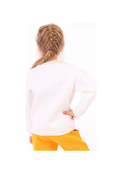 Toontoy Kız Çocuk Oversize Bisiklet Yaka Büzgülü Balon Kollu Baskılı Sweatshirt - 3 İplik Şardonlu Ekru
