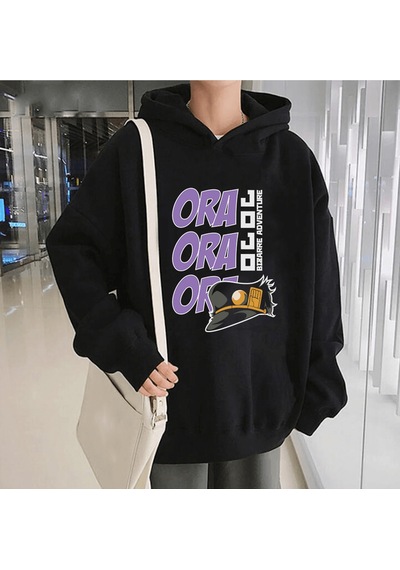 Anime Jojo Ora Ora Ora Kapşonlu Sweatshirt Siyah