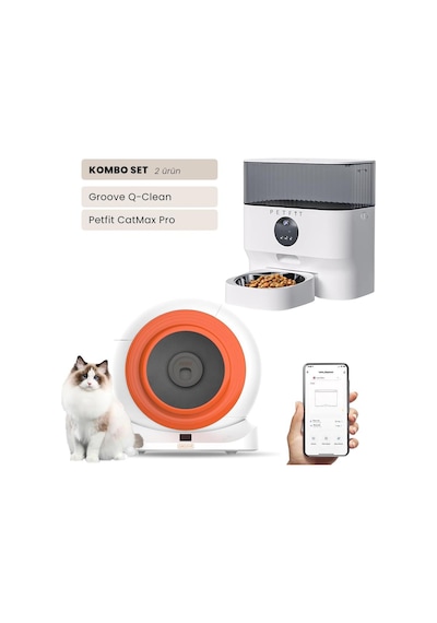 Groove Q-clean Wi-fi Akıllı Otomatik Kedi Tuvaleti Turuncu + Petfit Catmax Pro 5l Wi-fi Kameralı Akıllı Otomatik Mama Kabı Besleme Ünitesi Bundle