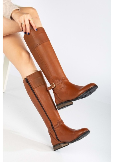 Analin Shoes Kadın Hakiki Deri Tokalı Binici Çizme Taba