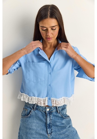 Shade Kadın Dantel Detaylı Poplin Crop Gömlek Dg261024 60286098 - Mavi
