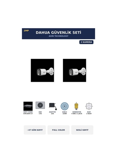 2 Kameralı 2mp Güvenlik Kamera Seti Gece Renkli Full Color Sesli Bullet 1tb 47 Gün Kayıt