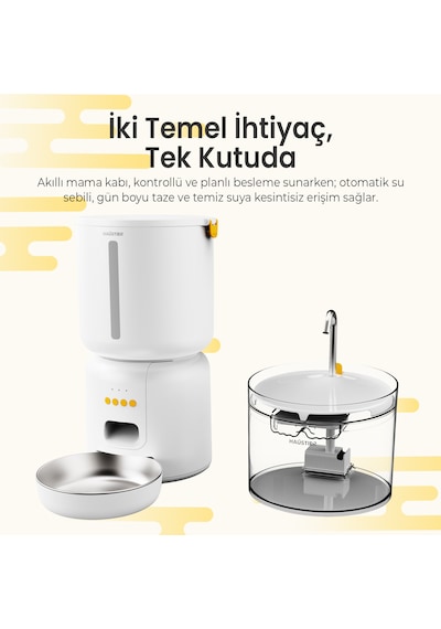 Haustier Fw3 Beyaz Akıllı Mama Kabı, Kedi Su Pınarı Akıllı Beslenme İstasyonu 2 Li Set