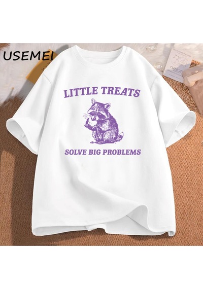 Flood Of Style Küçük Davranır Büyük Sorunları Çözmek Komik Rakun Baskı T Shirt Erkek Kadın Moda Harajuku Ret Beyaz