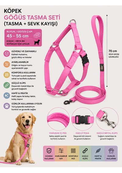 Köpek Göğüs Tasması Ve Sevk Kayışı Seti 45-55 Cm İçi Pedli 70 Cm Kayış - Pembe Çok Renkli