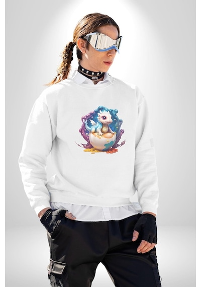 Sevimli Bebek Ejderha Elmas Yumurta Unisex Beyaz Baskılı Sweatshirt Beyaz