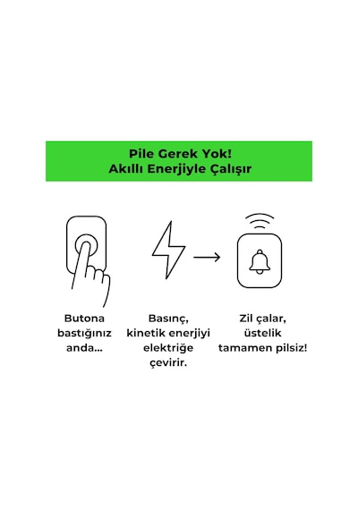 Kablosuz Kapı Zili Seti Pil Gerektirmez, Kinetik Enerjili Kapı Zili Pilsiz Şarjsız Kablosuz Fiş